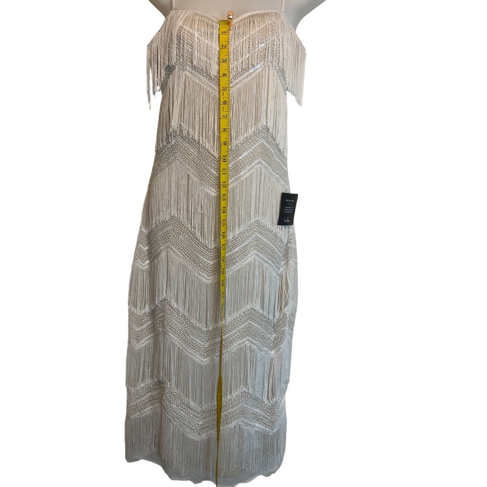 Lulus Women Cream Sequin Fringe Chevron Midi Cocktail Flapper Dress Medium NWT